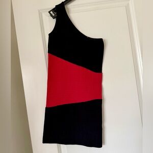 Black and Pink Bebe One-Shoulder Dress